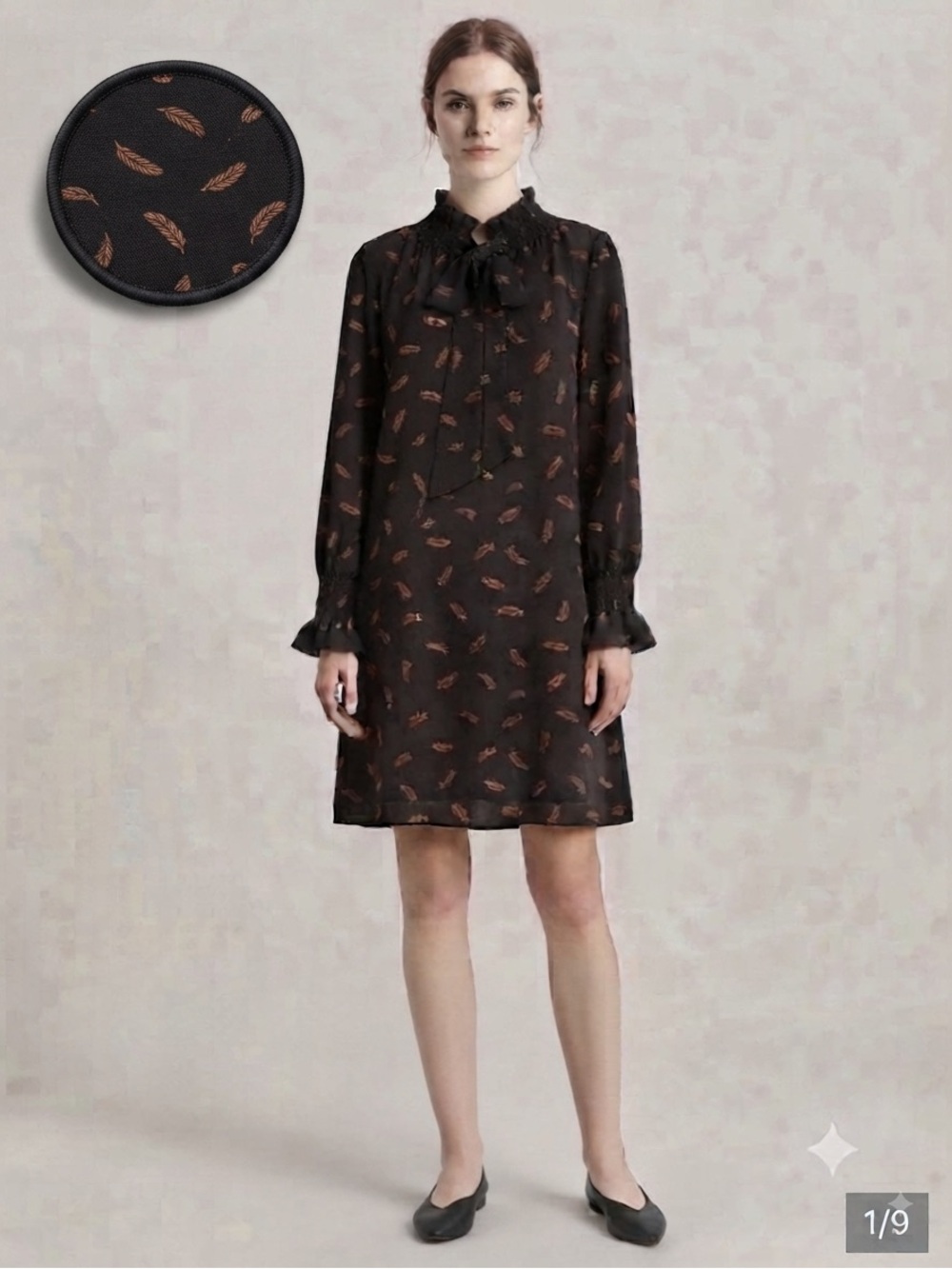 HOBBS London Women's Black Long-Sleeve Bow Neck Dress w/ Rust Leaf Print